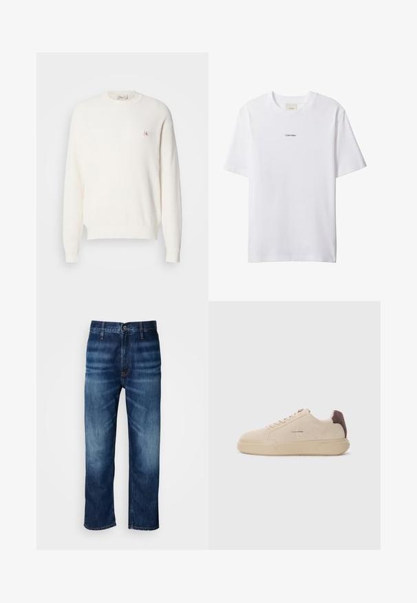 Biely pletený sveter s dlhým rukávom a okrúhlym výstrihom s rebrovanými manžetami a lemom, s malou nášivkou loga Calvin Klein na ľavom prsníku.; Biele bavlnené tričko s okrúhlym výstrihom a krátkymi rukávmi. Na hrudi uprostred je malý čierny nápis "Calvin Klein".; Tmavomodré rovné džínsy s jemným vyblednutím na stehnách a zapínaním na gombík v páse, vystavené na bielom pozadí.; Bežové semišové tenisky s okrúhlou špičkou, šnúrkovým uzatváraním vpredu a hnedým semišovým akcentom na podpätku. Obsahujú štruktúrovanú gumovú podrážku.