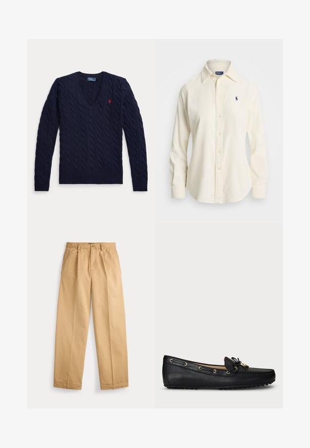 Marineblauer Pullover mit Zopfmuster, V-Ausschnitt, langen Ärmeln und einem kleinen roten, bestickten Logo auf der linken Brust.; Cremfarbener Cordhemd mit klassischem Kragen, Knopfleiste und langen Ärmeln. Mit kleinem Marineblauem Logo auf der linken Brust.; Beige gerade geschnittene Hose mit Knopf- und Reißverschluss, Fronttaschen, Gürtelschlaufen und gebügelten Bügelfalten an den Beinen.; Schwarze Lederloafers mit goldenen Ösen, Schnürband und gummibezogenen Sohlen, von der Seite auf einem weißen Hintergrund gezeigt.