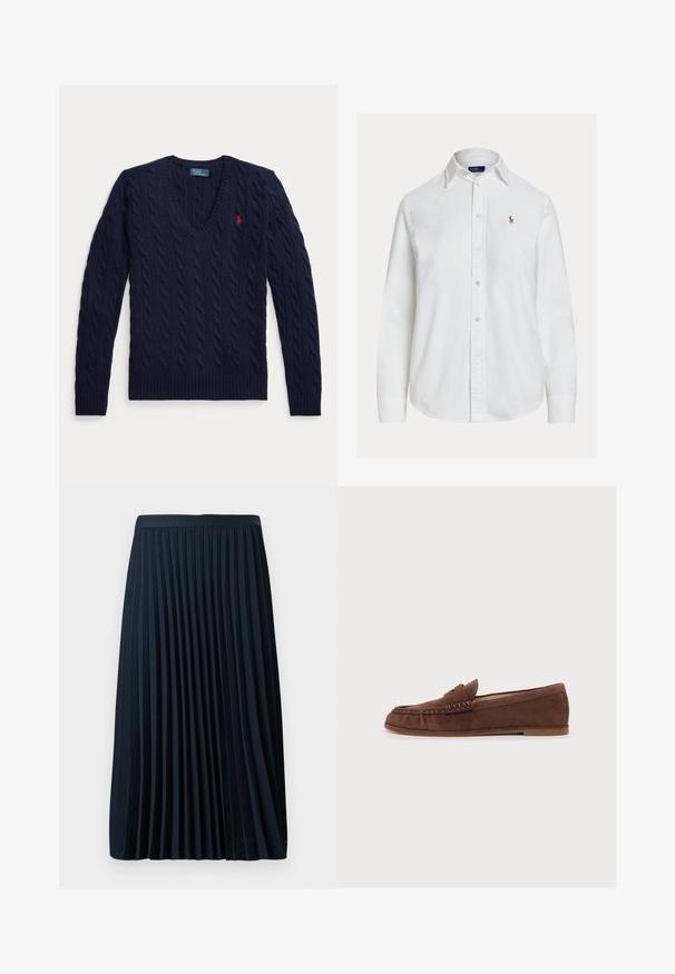 Marineblå kabelstrikket sweater med V-hals, lange ærmer og et lille rødt broderet logo på venstre bryst.; Hvid langærmet skjorte med knapper og krave samt lille broderet logo på venstre bryst, vist på ensfarvet baggrund.; Fryse navy nederdel med en struktureret talje, lavet af et glat stof, med jævnt fordelt lodrette frynser og en længde til midt på læggen.; Brun ruskind penny loafer med lavt træsål og syninger, vist fra siden mod en ensfarvet baggrund.
