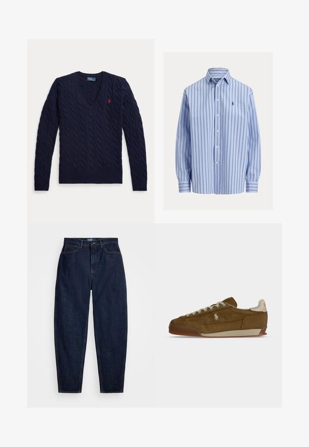 Pull bleu marine en maille torsadée avec col en V, manches longues et petit logo rouge brodé sur la poitrine gauche.; Chemise bleu clair à manches longues avec boutons, rayures verticales foncées et petit logo brodé sur le côté gauche de la poitrine.; Jeans en denim bleu marine avec une coupe droite, dotés de surpiqûres orange, d'une fermeture à bouton à l'avant et de cinq poches.; Baskets en daim marron avec lacets crème, semelle épaisse et petit logo blanc brodé sur le côté.