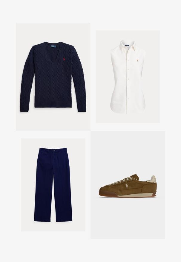 Marineblauer Pullover mit Zopfmuster, V-Ausschnitt, langen Ärmeln und einem kleinen roten, bestickten Logo auf der linken Brust.; Weißes ärmelloses Hemd aus Baumwolle, mit spitzem Kragen, Knopfleiste vorne und kleinem gesticktem Logo auf der linken Seite.; Marineblaue, gerade geschnittene Hose mit Gürtelschlaufen, Knopfverschluss vorne und Seitentaschen auf weißem Hintergrund.; Brauner Wildleder-Sneaker mit cremefarbenen Schnürsenkeln, dicker Sohle und kleinem weißem gesticktem Logo an der Seite.