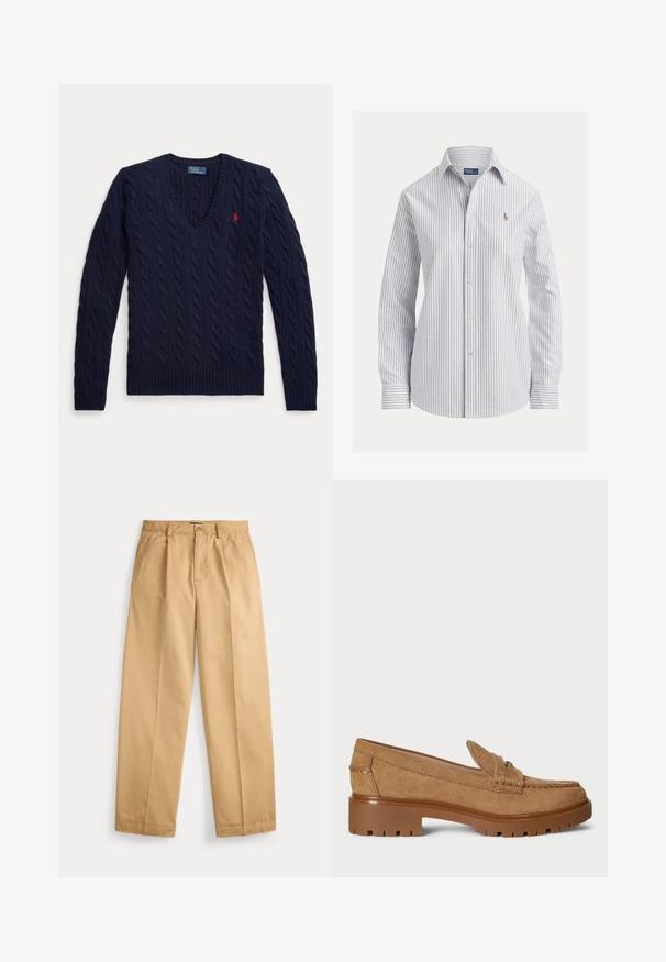 Pull bleu marine en maille torsadée avec col en V, manches longues et petit logo rouge brodé sur la poitrine gauche.; Chemise blanche à boutons avec fines rayures verticales bleues, manches longues, col pointu et petit logo brodé sur la poitrine.; Pantalon beige à jambes droites avec fermeture par bouton et zip, poches avant, passants pour ceinture et plis marqués le long des jambes.; Mocassin en daim marron avec une semelle en caoutchouc légèrement surélevée. Présente un détail cousu sur le bout et une tige repliée pour un design supplémentaire.