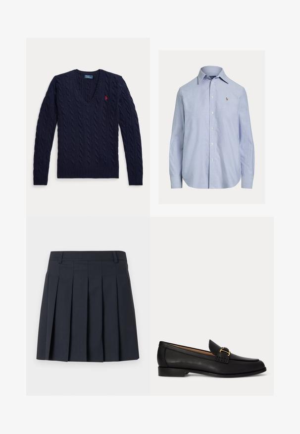Marineblauer Pullover mit Zopfmuster, V-Ausschnitt, langen Ärmeln und einem kleinen roten, bestickten Logo auf der linken Brust.; Hellblaues, langärmliges Hemd mit Knopfleiste, spitzem Kragen und kleinem gesticktem Logo auf der linken Brust.; Dunkelblauer, plissierter Rock mit flachem Bund, aus glattem Stoff gefertigt. Verfügt über mehrere vertikale Falten und einen maßgeschneiderten Schnitt.; Schwarzer Lederloafer mit kleinem Absatz und dekorativer goldener Schnalle vorne, seitlich auf weißem Hintergrund dargestellt.