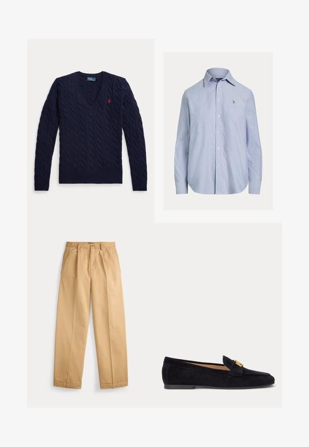 Pull bleu marine en maille torsadée avec col en V, manches longues et petit logo rouge brodé sur la poitrine gauche.; Chemise bleu clair à manches longues avec boutons, col pointu et petit logo brodé sur la poitrine gauche.; Pantalon beige à jambes droites avec fermeture par bouton et zip, poches avant, passants pour ceinture et plis marqués le long des jambes.; Mocassin plat en daim noir avec petit talon et boucle décorative dorée sur le dessus, vue latérale sur fond uni clair.