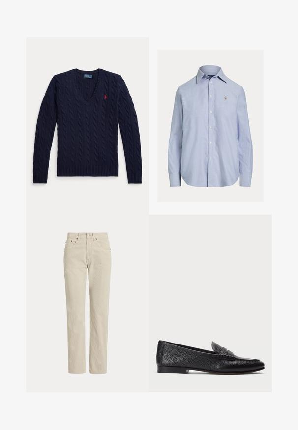 Pull bleu marine en maille torsadée avec col en V, manches longues et petit logo rouge brodé sur la poitrine gauche.; Chemise bleu clair à manches longues avec boutons, col pointu et petit logo brodé sur la poitrine gauche.; Pantalon en velours côtelé beige droit avec passants de ceinture, bouton à l'avant, fermeture éclair et poches avant.; Mocassin en cuir noir avec une finition texturée, doté d'une sangle décorative et d'un talon plat. Design épuré et minimal avec un bout arrondi.