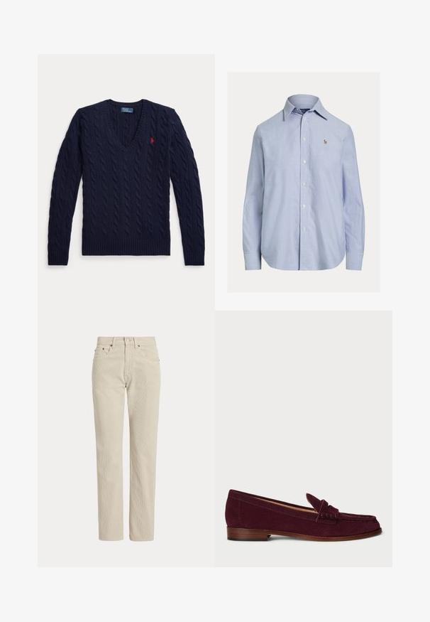 Marineblå kabelstrikket sweater med V-hals, lange ærmer og et lille rødt broderet logo på venstre bryst.; Lyseblå skjorte med lange ærmer og knapper, med spids krave og lille broderet logo på venstre bryst.; Beige, lige-benede fløjlsbukser med bæltestropper, frontknap, lynlås og frontlommer.; Burgunderfarvet ruskinds loafers med en rund tå, syede detaljer og en lille læderhæl. Har et dekorativt sløjfeakcent.
