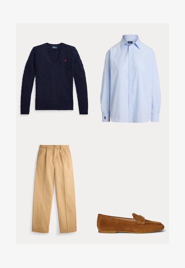 Marineblå kabelstrikket sweater med V-hals, lange ærmer og et lille rødt broderet logo på venstre bryst.; Lyseblå langærmet skjorte med knapper og spids krave samt broderet logo på venstre manchet, vist på hvid baggrund.; Beige bukser med lige ben, lukning med knap og lynlås, forlommer, bæltestropper og pressede folder ned langs benene.; Brun ruskind flad loafer med guldfarvet metallås-detalje på toppen og lav hælsål.
