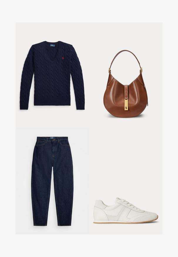 Marineblauer Pullover mit Zopfmuster, V-Ausschnitt, langen Ärmeln und einem kleinen roten, bestickten Logo auf der linken Brust.; Dunkelblaue Denim-Jeans mit geradem Bein, ausgestattet mit orangen Nähten, einem vorderen Knopfverschluss und fünf Taschen.; Weißer Sneaker mit niedrigem Schaft, Schnürung vorne, Velours- und Lederpaneelen sowie einer hellbraunen Gummisohle auf weißem Hintergrund.; Braune Lederhandtasche mit geschwungener Form, einem Riemen und einem goldenen rechteckigen Verschluss mit kleinem Pferdelogo auf der Vorderseite.
