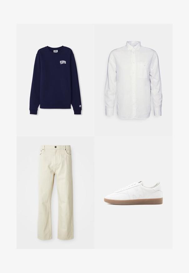 Sudadera azul marino de cuello redondo hecha de algodón, con un pequeño logo blanco en el pecho y un parche de logo en el puño. Corte clásico, dobladillo acanalado.; Camisa blanca de manga larga hecha de algodón, con cuello abotonado, bolsillo frontal y corte regular. Tejido texturizado con una superficie suave.; Jeans de algodón beige con un corte recto, cinco bolsillos, cierre de botón y detalles de costura visibles. Textura suave con un diseño casual.; Zapatilla blanca de corte bajo con suela de goma color caramelo, superposiciones cosidas y cierre de cordones sobre fondo neutro.