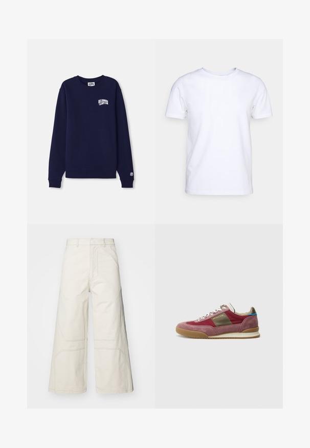 Tumed sinine crewneck sweatshirth, mis on valmistatud puuvillast, millel on rinnal väike valge logo ja mansetil logo silt. Klassikaline lõige, ribatud alläär.; Valge lühikeste varrukatega t-särk puuvillaste kangast, ümmarguse kaelusega. Lihtne disain, ilma mustrite ja detailideta. Sile tekstuur.; A-COLD-WALL* FORMAT PANT - Püksid - beige bone; Tennisesaabas, mille pealiskihiks on burgundia toonis seemisnahk ja kangas, beežid detailid ning kummist pruunid tallad; varustatud metallist silmade ja paeltega.