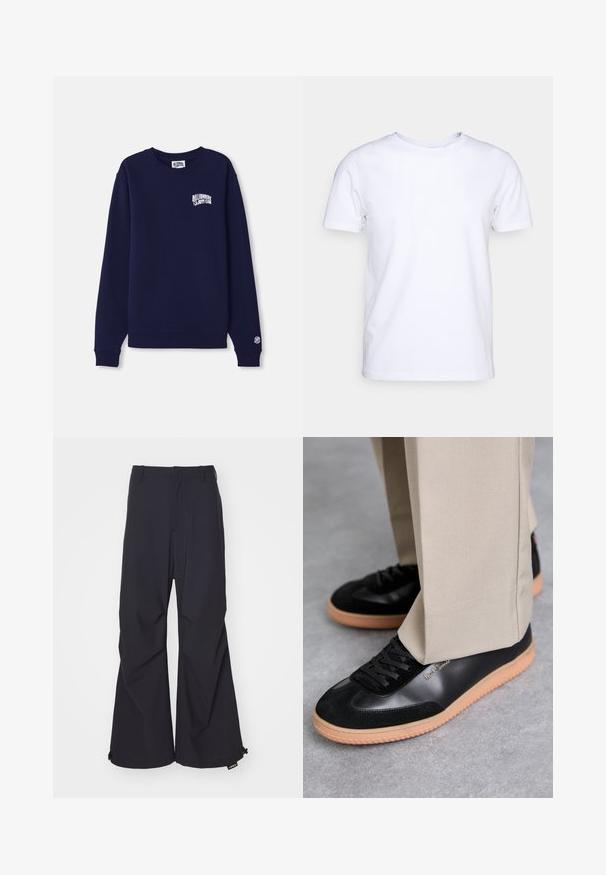 Sudadera azul marino de cuello redondo hecha de algodón, con un pequeño logo blanco en el pecho y un parche de logo en el puño. Corte clásico, dobladillo acanalado.; Camiseta blanca de manga corta en tejido de algodón con cuello redondo. Diseño simple sin patrones ni acentos. Textura suave.; Pantalones de pierna ancha en azul marino, con una tela suave, dos bolsillos frontales y detalles de cordón en el dobladillo. Diseño limpio y ajustado, sin adornos.; Paul Smith COMO - Zapatillas - black