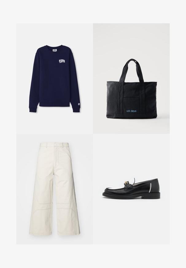 Tumed sinine crewneck sweatshirth, mis on valmistatud puuvillast, millel on rinnal väike valge logo ja mansetil logo silt. Klassikaline lõige, ribatud alläär.; A-COLD-WALL* FORMAT PANT - Püksid - beige bone; Must have must kastanaga sääniga, valgete aktsentide ja kuldsete detailidega. Omab tekstuuriga paika ja kuhjatud kontsa.; Mustast lõuendist õlakott kahe sangaga, esitasku ja sinise tikandiga "LES DEUX" esitaskul.