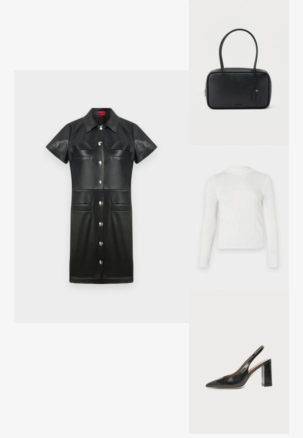 Hvid langærmet bluse med høj mock neck. Ribbet tekstur med en tætsiddende pasform. Søm detaljer skaber et struktureret udseende.; Sort læderkjole med korte ærmer, krave, knapfront og to brystlommer. Har sølv hardware og en glat tekstur.; Sort læder peep-toe slingback sko med høj blokhæl og beige indvendig foring mod en ensfarvet lys baggrund.; Sort rektangulær håndtaske med dobbelte runde håndtag, gylden lynlås og præget "HUGO"-logo foran med fastgjort lædermærke.
