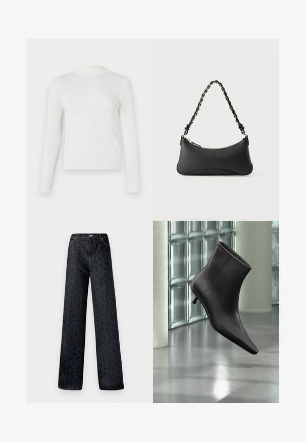 Haut blanc à manches longues avec un col montant. Texture côtelée avec un design ajusté. Les détails de couture créent un look structuré.; Jean large bleu foncé avec un motif géométrique, en denim. Présente un bouton en métal, une fermeture éclair et des coutures de poches avant.; Bottine en cuir noir avec bout pointu et petit talon, présentée devant un mur en blocs de verre et un sol poli.; Sac à bandoulière en cuir noir de forme rectangulaire incurvée, avec une chaîne dorée tissée dans la bandoulière noire tressée et une fermeture éclair sur le dessus.