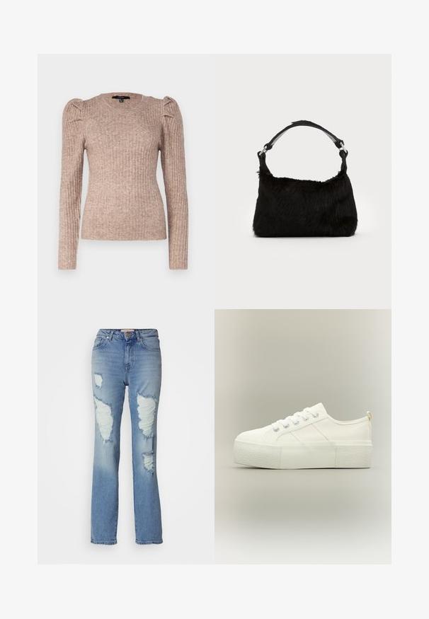 Vero Moda VMKIM UNECK - Πουλόβερ - beige; Ανοικτού μπλε, ψηλόμεσα τζιν με σχεδίαση ίσιας γραμμής. Διαθέτουν έντονα σκισίματα και ωμές άκρες μπροστά, φτιαγμένα από υλικό τζιν.; Λευκό sneaker με πλατφόρμα και παχιά υφή στη σόλα, δέσιμο μπροστά και διακριτικές ραφές σε ουδέτερο φόντο.; Μαύρη τσάντα χειρός από ψεύτικη γούνα με απαλή υφή, στρογγυλή σχήμα και ανθεκτική μαύρη δερμάτινη ιμάντα ώμου. Ορατά ασημένια αξεσουάρ.