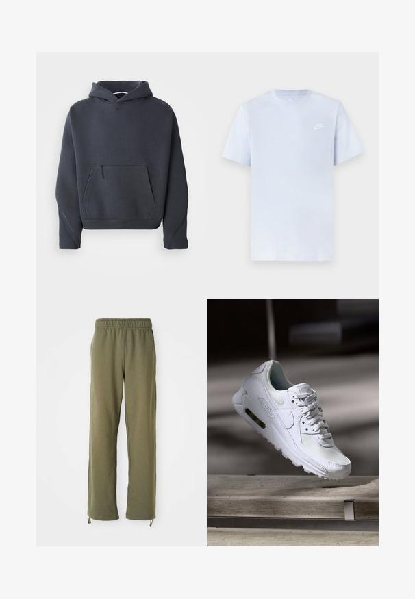 Dunkelgrauer Kapuzenpullover aus weichem Material, mit einer vorderen Tasche mit Reißverschluss, gerippten Bündchen und einem kleinen Logo auf der Brust.; Hellblaue Baumwoll-T-Shirt mit kurzen Ärmeln, Rundhalsausschnitt und einem weißen Nike-Logo, das auf der linken Brust gedruckt ist. Glatte Textur, schlichtes Design.; Olivgrüne Baumwoll-Sweatpants mit elastischem Bund, geraden Beinen und verstellbaren Kordeln an den Knöcheln. Weiche Textur, lässiges Design.; Weiße Nike Air Max 90 Sneaker mit einem Obermaterial aus Mesh und Leder, durchlässigem Zehenbereich und einer sichtbaren Air-Einheit in der Ferse.