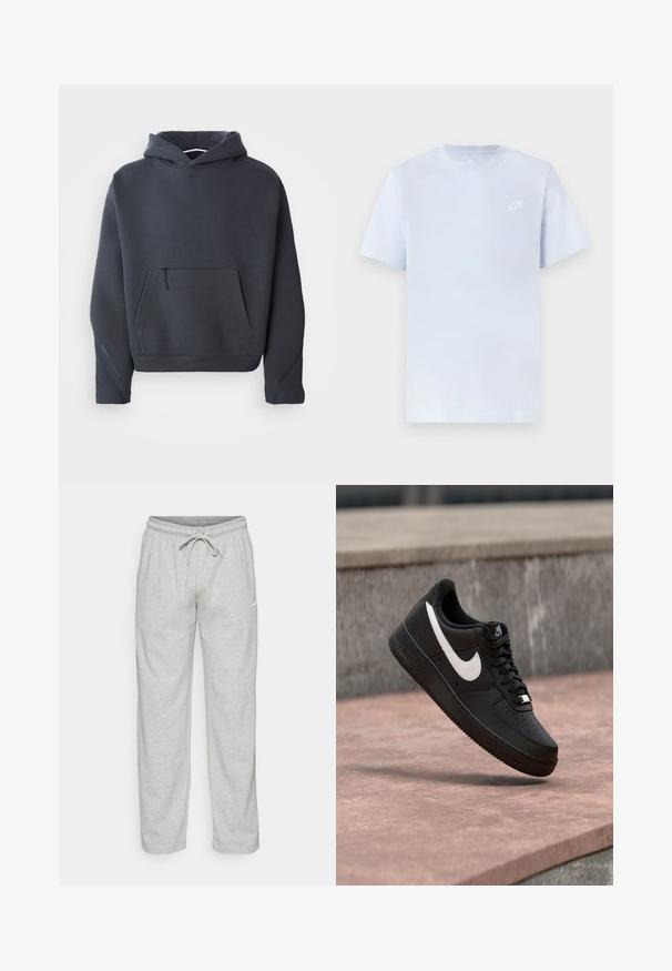Tumehall kardigan pehmeast materjalist, millel on esikäe tasku lukuga, soonikkoes varrukad ja väike logo rinnal.; Hele sinine puuvillane t-särk lühikeste varrukatega, ümar kaelus ja valge Nike logo trükituna vasakul rinnal. Sile tekstuur, lihtne disain.; Heledad hallhallid, mis on valmistatud pehmest kangast. Omab elastset vöökohta, millel on nöör ja must Nike logo vasakul reitel.; Mustad Nike Air Force 1 tossud, millel on valge Swooshi logo, hõljuvad kivipinna kohal ja taustal on hall tekstuuriga sein.