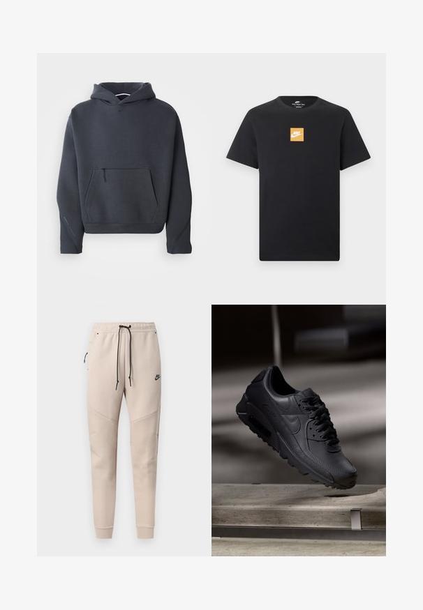 Tummanharmaa huppari pehmeästä kankaasta, jossa on vetoketjullinen etutasku, ribatut hihansuut ja pieni logo rinnassa.; Musta lyhythihainen Nike T-paita, jossa on pieni oranssi neliölogo ja valkoinen Nike Swoosh rinnassa keskitettynä.; Beiget Nike-housut mustalla kiristysnauhalla, vetoketjullisella sivutaskulla, polvitikkauksilla ja joustavilla resoreilla.; Mustat Nike Air Max -lenkkarit, joissa on teksturoidusta nahasta valmistettu päällinen, kumipohja ja näyttävä nauhoitusjärjestelmä, joka korostaa tyylikästä ja modernia muotoilua.