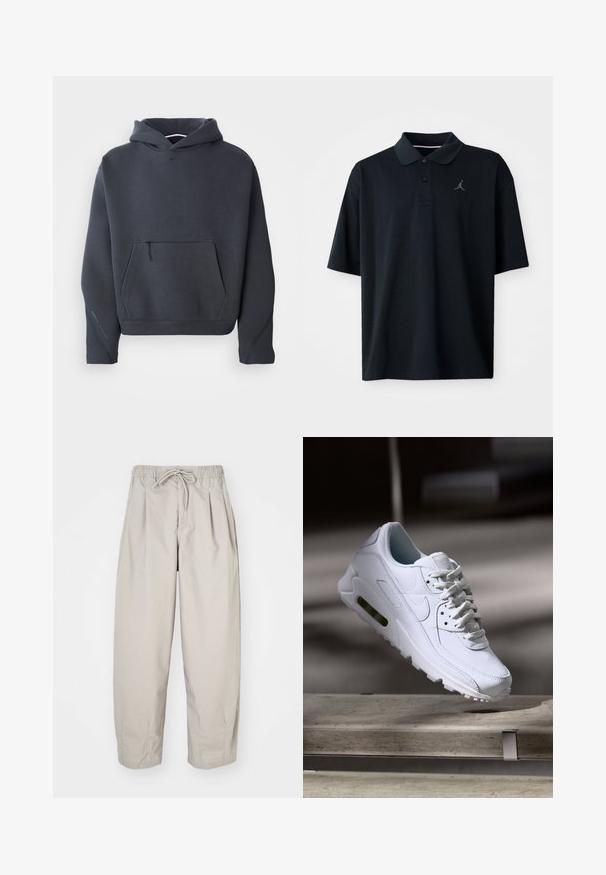 Mørkegrå hættebluse i blødt stof, med en frontlomme med lynlås, ribbet manchetter og et lille logo på brystet.; Sort polo-shirt lavet af glat stof, med krave, korte ærmer og et lille gråt Jordan-logo broderet på venstre bryst.; Beige, lette bukser med elastisk talje og snor. Har plisseringer og en løs pasform, lavet af blødt, glat stof.; Hvide lædersneakers med teksturerede overflader, polstret krave og synlig luftpolstring i sålen. Har snørrebånd og et minimalistisk design.
