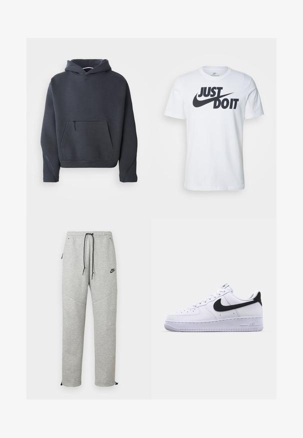 Tumehall kardigan pehmeast materjalist, millel on esikäe tasku lukuga, soonikkoes varrukad ja väike logo rinnal.; Valge puuvillane T-särk, millel on silmapaistev must "Just Do It" logo ja Nikei suss. Klassikaline ümmargune kaelus ja lühikesed varrukad.; Hallid Nike spordipüksid, millel on nööriga vöökoht, küljetaskud ja elastsed mansetid. Omab siledat tekstuuri ja kontrastset musta logo detaili.; Valge nahast toss musta tekstuuriga Swooshiga, lamedate nööridega ja kummist tallaga, millel on sooneline muster. "AIR" on reljeefne kandadel.