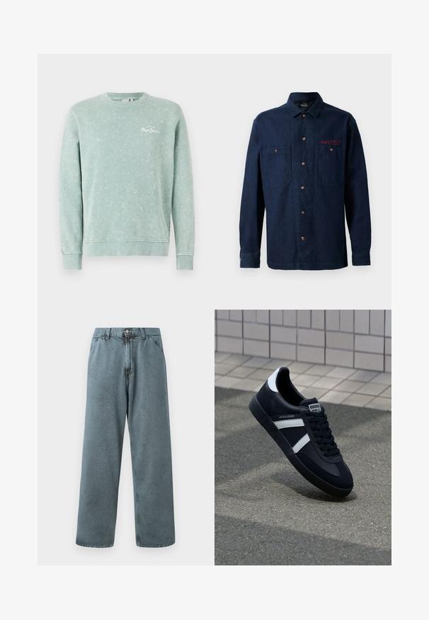 Hele roheline sweatshirt pehmest kangast, ümara kaelusega, pikkade varrukatega, soonikkotidega ja väikese valge logoga rinnal.; Tumedat sinine nööpidega särk, millel on kaks rinna taskut ja punane broderi logo. Minimalistlik disain lihtsal taustal.; Heledad sinine denim-püksid sirge säärega, klassikalise nööbiga kinnituse ja viie tasku disainiga. Pehme tekstuur ja minimaalsed õmblusdetailid.; Must have musta sneaker musta valgete triipudega, tekstuurne kummitald ja nööridega esiosa. Omab bränditud märki keele peal.
