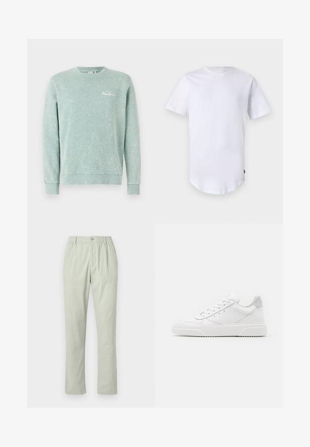 Lysegrøn sweatshirt lavet af blødt stof, med rund hals, lange ærmer, ribbede manchetter og et lille hvidt logo på brystet.; Hvid kortærmet t-shirt lavet af bomuld. Rund halsudskæring med en buet kant. Etiket synlig på nederste venstre side. Glat tekstur.; Lys grønne, lige ben bukser lavet af blødt stof. Har knaplukning fortil, elastisk talje og sidelommer. Ingen synlige mønstre.; Hvide lædersneakers med en glat finish, rund tå, flade snørebånd og en struktureret sål. Grå ruskindsdetalje ved hælen.