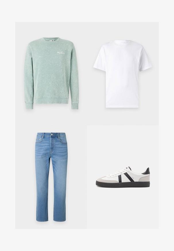 Hellgrüner Sweatshirt aus weichem Stoff, mit Rundhalsausschnitt, langen Ärmeln, gerippten Bündchen und einem kleinen weißen Logo auf der Brust.; Weißes kurzärmeliges T-Shirt aus Baumwolle mit Rundhalsausschnitt, das eine glatte Textur und ein einfaches Design ohne Muster oder Akzente aufweist.; Hellblaue Jeans mit geradem Bein, Vorderentaschen, Gürtelschlaufen, Knopfverschluss und dezentem Ausbleichen an Hüfte und Oberschenkeln.; Weiße Sneaker mit schwarz- und grau-aczenten, ausgestattet mit einer strukturierten grauen Zehenkappe, schwarzer Gummi-Sohle und flachen weißen Schnürsenkeln. Sauberes Design, minimalistische Stil.