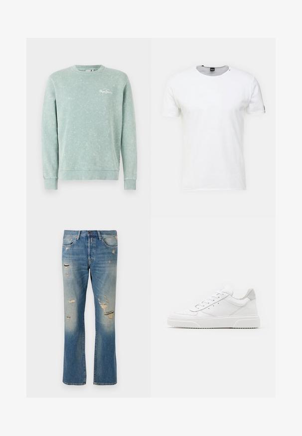 Hellgrüner Sweatshirt aus weichem Stoff, mit Rundhalsausschnitt, langen Ärmeln, gerippten Bündchen und einem kleinen weißen Logo auf der Brust.; Weißes Kurzarm-T-Shirt aus Baumwolle mit Rundhalsausschnitt, das einen kleinen schwarzen Akzent am linken Ärmel und eine saubere, glatte Textur aufweist.; Hellblaue Denim-Jeans mit einer lockeren Passform, die verwaschene Details und fransige Patches aufweisen, mit dem klassischen Fünf-Taschen-Design und einem Knopfverschluss.; Weiße Leder-Sneaker mit glatter Oberfläche, rundem Zehenbereich, flachen Schnürsenkeln und strukturiertem Schuhsohlen. Graues Wildleder-Detail an der Ferse.