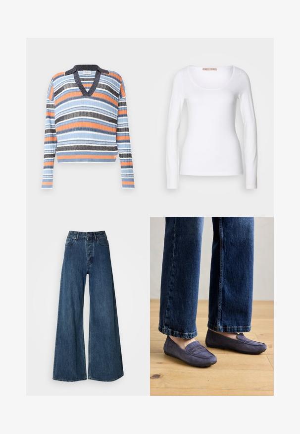Suéter de rayas con cuello en V. Los colores incluyen azul, naranja, negro y blanco. Tejido acanalado texturizado. Diseño corto.; Camiseta de algodón blanca de manga larga con escote redondeado y un diseño ajustado, de textura suave y sin adornos.; Jeans de mezclilla de pierna ancha en azul oscuro, con cintura alta, diseño de cinco bolsillos y costuras en contraste. Tejido clásico y duradero.; Mocasines de ante púrpura con un detalle de costura y suela de goma plana, combinados con vaqueros de pierna ancha de color azul, mostrando un estilo casual sobre un suelo de madera.