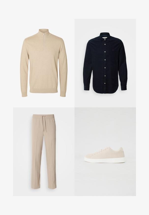 Beige trui met lange mouwen, een hoge kraag en een korte rits middenvoor.; Marineblauwe corduroy overhemd met lange mouwen, button-down kraag en knoopsluiting aan de voorkant. Heeft een klein geborduurd logo op de borst.; Beige, relaxte broek gemaakt van zachte stof, met een elastische tailleband met een trekkoord en rechte pijpen met minimale accenten.; Beige suède sneakers met witte rubberen zolen, ronde neus en zes veterogen. Gladde textuur met minimalistisch ontwerp.