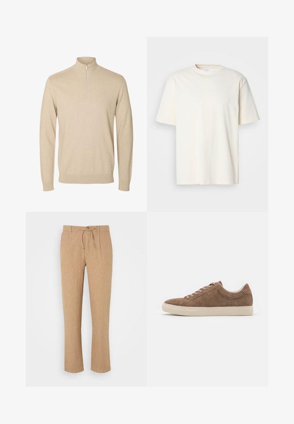 Beige trui met lange mouwen, een hoge kraag en een korte rits middenvoor.; Effen off-white T-shirt met korte mouwen en ronde hals, unisex ontwerp, weergegeven op een neutrale grijze achtergrond.; Beige linnen broek met een rechte pijpdesign, een trekkoord in de taille en een subtiele textuur. Voorplooien voegen detail toe aan de klassieke stijl.; Bruine suède casual sneakers met een lage profiel, platte beige rubberen zool en zes vetersluitingen. Rond neuspunt en minimalistisch ontwerp.