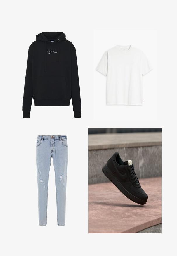 Zwarte hoodie van zachte stof, met een voorzak, koorden en witte logo borduring op de borst. Klassieke pasvorm en geribde manchetten.; Wit katoenen T-shirt met korte mouwen, ronde hals en een subtiel "Levi's" logo in een lichte kleur op de voorkant gedrukt.; Lichtblauwe spijkerbroek met een slim fit, versleten details op de benen en een klassiek vijf-pocketdesign met een knoopsluiting.; Zwarte Nike Air Force 1 sneaker die boven een roze betonnen richel zweeft met een grijze stenen achtergrond, met zij- en bovenzijde details.