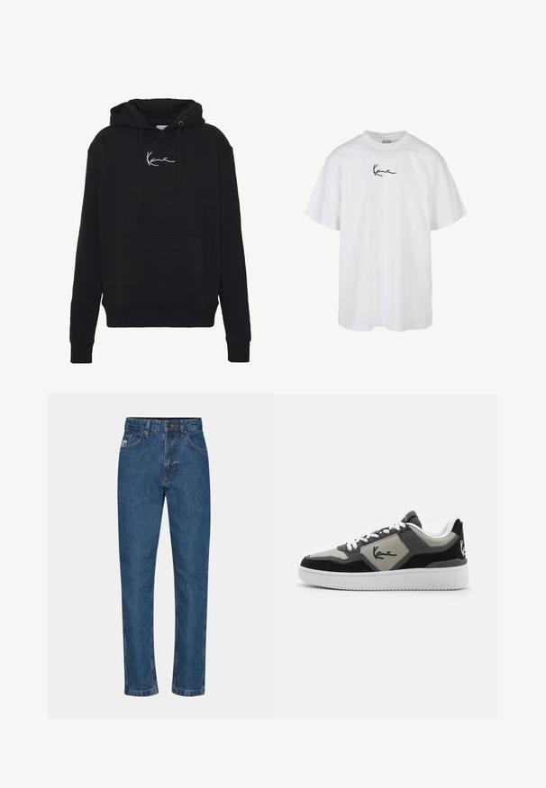 Zwarte hoodie van zachte stof, met een voorzak, koorden en witte logo borduring op de borst. Klassieke pasvorm en geribde manchetten.; Wit T-shirt met korte mouwen en ronde hals met zwarte cursieve tekst "Karim" in het midden van de borst.; Blauwe denim jeans met een recht gesneden pijp, voorzakken, riemlussen en een licht vervaagde structuur. Stiksels zijn zichtbaar langs de naden.; Sportsneakers met een mix van zwarte, grijze en witte materialen, met suède en synthetische texturen. Bevat een gedetailleerd logo aan de zijkant.