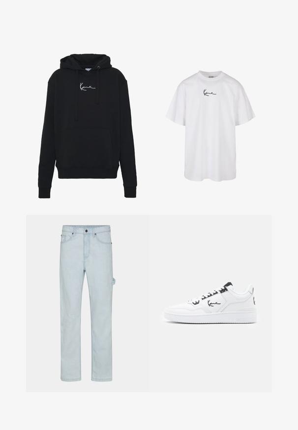 Zwarte hoodie van zachte stof, met een voorzak, koorden en witte logo borduring op de borst. Klassieke pasvorm en geribde manchetten.; Witte katoenen t-shirt met een ronde halslijn en korte mouwen, voorzien van een zwart geborduurd logo in het midden van de borst.; Lichtblauwe denim jeans met rechte snit, voorzien van een knoopsluiting, vijf zakken en een zijlusdetail voor extra functionaliteit.; Witte leren sneaker met zwarte accenten, voorzien van een handtekeninglogo aan de zijkant, ronde neus en een textuur rubberen zool.