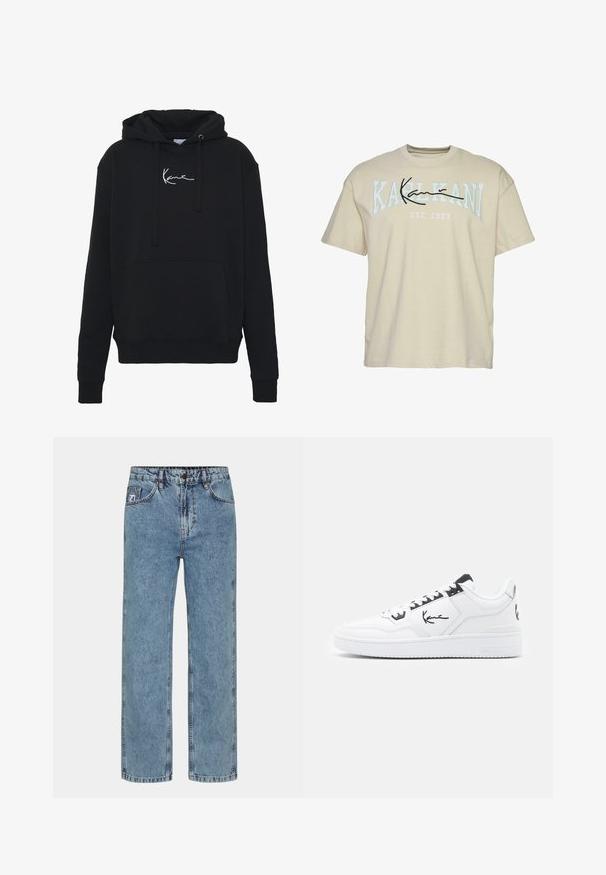 Zwarte hoodie van zachte stof, met een voorzak, koorden en witte logo borduring op de borst. Klassieke pasvorm en geribde manchetten.; Beige katoenen T-shirt met ronde hals, met de tekst "KARL KANI" in blauw en zwart over de borst, opgericht in 1989 eronder.; Lichtblauwe rechte jeans van denimstof, met een knoopsluiting, vijf zakken en contrasterend stiksel.; Witte leren sneaker met zwarte accenten, voorzien van een handtekeninglogo aan de zijkant, ronde neus en een textuur rubberen zool.