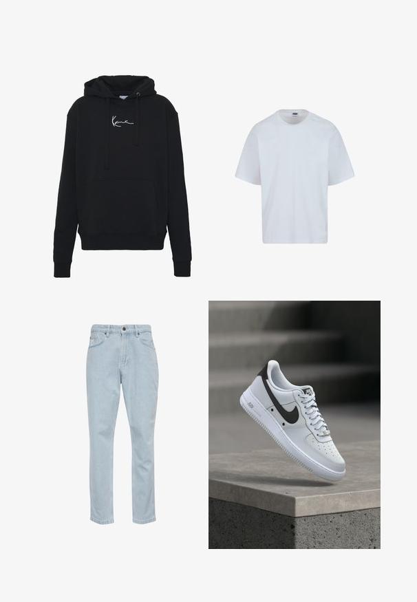 Zwarte hoodie van zachte stof, met een voorzak, koorden en witte logo borduring op de borst. Klassieke pasvorm en geribde manchetten.; Witte katoenen T-shirt met een ronde hals, korte mouwen en een rechte snit. Kenmerkend zijn de subtiele stiksels op de schouders.; Lichtblauwe denim jeans met een rechte pijpdesign, vijf zakken en metalen knoopsluiting. Glad textuur en lichte vervaging details.; Witte Nike Air Force 1 sneaker met zwart swoosh-logo, zwevend boven een betonnen richel met vervaagde trappen op de achtergrond.
