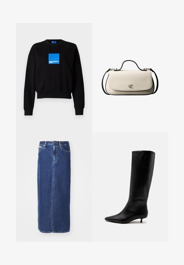 Schwarzer Sweatshirt mit einem kurvenförmigen Design, das ein blauen Quadratlappenlogo enthält, auf dem "KARL LAGERFELD JEANS" steht. Hergestellt aus einer weichen Baumwollmischung.; Denimrock in Dunkelblau, knielang, mit einem vorderen Schlitz, traditionellem Bund und Fünf-Taschen-Design mit kontrastierenden Nähten.; Schwarzer kniehoher Lederstiefel mit spitz zulaufender Schuhspitze und niedrigem Kittenabsatz vor einem schlichten hellen Hintergrund.; Cremefarbene, rechteckige Handtasche mit schwarzem Riemen und Griff, vordere Klappe als Verschluss und kleinem silbernem "cK"-Logo in der Mitte vorne.