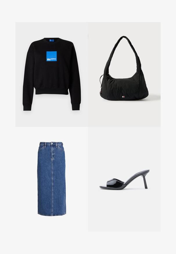 Mustat collegepaidat, joissa on lyhennetty malli ja sininen neliölogo, jossa lukee "KARL LAGERFELD JEANS." Valmistettu pehmeästä puuvillasekoitteesta.; Denim midi-hame keskitummassa sinisessä, suoralinjaisella leikkauksella, edestä nappikiinnitys, kaksi sivutaskua ja näkyvät saumat tekstuurin luomiseksi.; Musta kiiltävä patenttinahasta valmistettu avokärkinen korkokenkä, jossa on käyrä yläosa ja kapeneva piikkikorko. Sileä kiiltävä pinta.; Musta nailoninen olkalaukku, jossa on kaareva kahva, vetoketjullinen tasku ja pieni logo edessä; pehmeä, pyöreä muoto ja muhkea pinta.