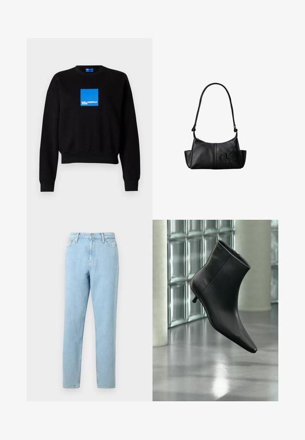 Čierna mikina s kratším strihom, s modrým štvorcovým logom, ktoré obsahuje text "KARL LAGERFELD JEANS." Vyrobená z mäkkej zmesi bavlny.; Svetlomodré džínsy s rovnými nohavicami, dizajnom piatich vreciek a zapínaním na gombík. Obsahujú jemné vyblednutia a hladký povrch.; Čierna kožená členková čižma so špicatou špičkou a nízkym kitten podpätkom, zobrazená šikmo na pozadí leštenej podlahy a steny zo sklenených blokov.; Čierna kožená taška cez rameno s dlhým popruhom, bočnými vreckami a vystúpeným logom Calvin Klein vpredu.