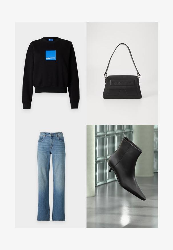 Čierna mikina s kratším strihom, s modrým štvorcovým logom, ktoré obsahuje text "KARL LAGERFELD JEANS." Vyrobená z mäkkej zmesi bavlny.; Svetlomodré džínsy s rovnými nohavicami, obsahujúce päť vreciek, zapínanie na gombík a s jemným vyblednutím pre opotrebovaný vzhľad.; Čierna kožená členková obuv s ostrou špičkou a nízkym podpätkom, zobrazená na pozadí steny zo sklenených blokov a leštenej podlahy.; Čierna kabelka s textúrovaným povrchom, preklopeným vekom s embosovaným logom a úzkym ramenným popruhom. Obdĺžnikový tvar s ostrými akcentmi.