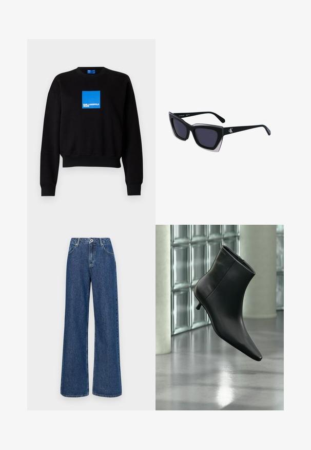 Schwarzer Sweatshirt mit einem kurvenförmigen Design, das ein blauen Quadratlappenlogo enthält, auf dem "KARL LAGERFELD JEANS" steht. Hergestellt aus einer weichen Baumwollmischung.; Weite blaue Jeans mit hohem Bund, ausgestattet mit Fronttaschen und einem einzelnen Knopfverschluss. Strukturierter Stoff mit sichtbaren Nähten.; Schwarzer Leder-Stiefelette mit spitzer Zehenpartie und niedrigem Kitten-Heel, schräg dargestellt vor einem polierten Boden und einer Glasbausteinwand.; Schwarze übergroße Sonnenbrille mit geometrischer Form, ausgestattet mit dunklen Gläsern und einem kontrastierenden grauen Detail im Rahmen. Logo am Bügel.