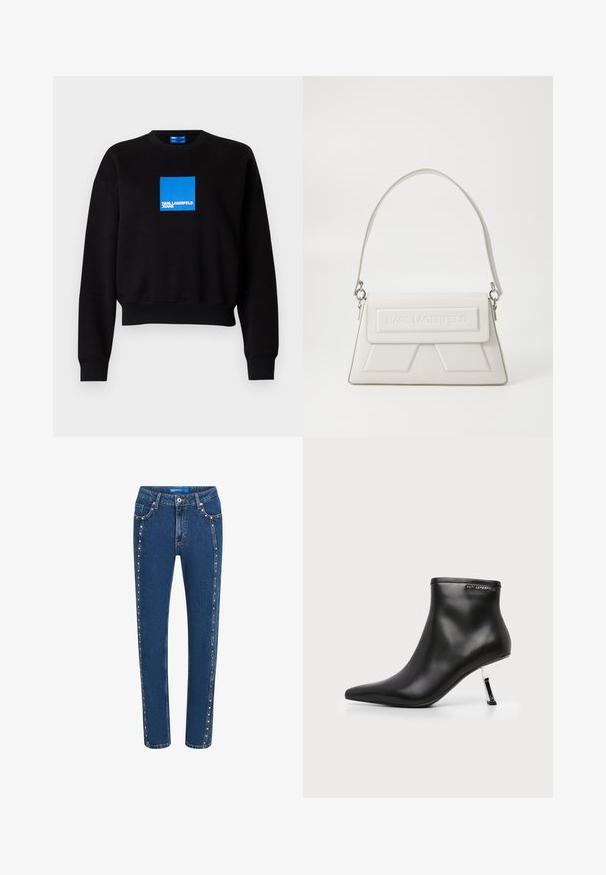 Schwarzer Sweatshirt mit einem kurvenförmigen Design, das ein blauen Quadratlappenlogo enthält, auf dem "KARL LAGERFELD JEANS" steht. Hergestellt aus einer weichen Baumwollmischung.; Dunkelblaue Denim-Jeans mit geradem Schnitt, featuring kontrastierenden Nähten und dekorativen Nieten entlang der Seitennaht und der vorderen Taschen.; Schwarzer Leder-Stiefelette mit spitzer Zehenpartie und glänzendem silbernem Stiletto-Absatz auf weißem Hintergrund.; Weiße Lederhandtasche mit strukturiertem Design, ausgestattet mit einem oberen Klappdeckel, geprägtem Logo und einem schlanken Schulterriemen, verziert mit silbernen Beschlägen.