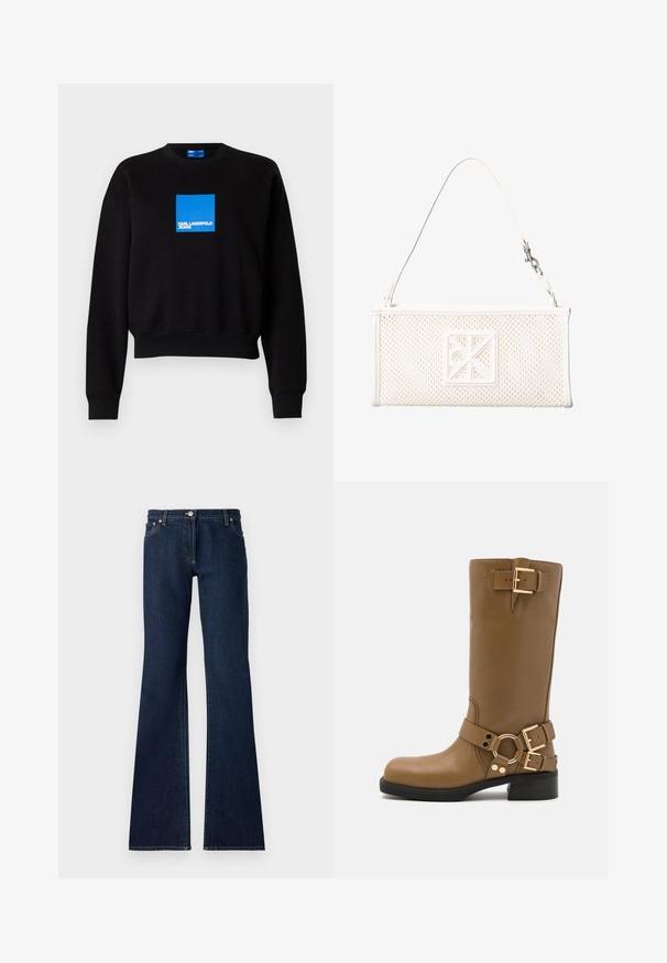 Must mustra, millel on lühendatud disain, sinise ruudukujulise logoga, kus on kirjas "KARL LAGERFELD JEANS". Valmistatud pehmest puuvillasegusest materjalist.; Tumedad sinised laiad teksapükse, mis on valmistatud denimist. Neil on viie tasku disain, vöökoharihmad ja kontrastne kollane õmblus servadel.; Pruunist nahast sääre kõrguses saabas, millel on ümar nina, kaks dekoratiivset pandlat ülevalt ja pahkluul ning kerge plokkkonts.; Valge ristkülikukujuline võrk-käekott ühe rihmaga ja esiküljel ruudukujuline dekoratiivne embleem.
