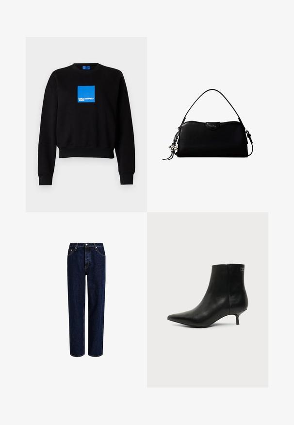 Schwarzer Sweatshirt mit einem kurvenförmigen Design, das ein blauen Quadratlappenlogo enthält, auf dem "KARL LAGERFELD JEANS" steht. Hergestellt aus einer weichen Baumwollmischung.; Dunkelblaue Denim-Jeans mit geradem Bein, hoher Taille, fünf Taschen und kontrastierenden Nähten. Ohne Verzierungen.; Schwarzer Leder-Knöchel-Stiefel mit spitzer Spitze und niedrigem Kittenabsatz vor hellem Hintergrund, seitliche Ansicht.; Schwarze, rechteckige Calvin Klein Handtasche mit einem einzelnen Tragegriff oben, silbernem Logo-Anhänger und kleinem Klappverschluss auf der Vorderseite.