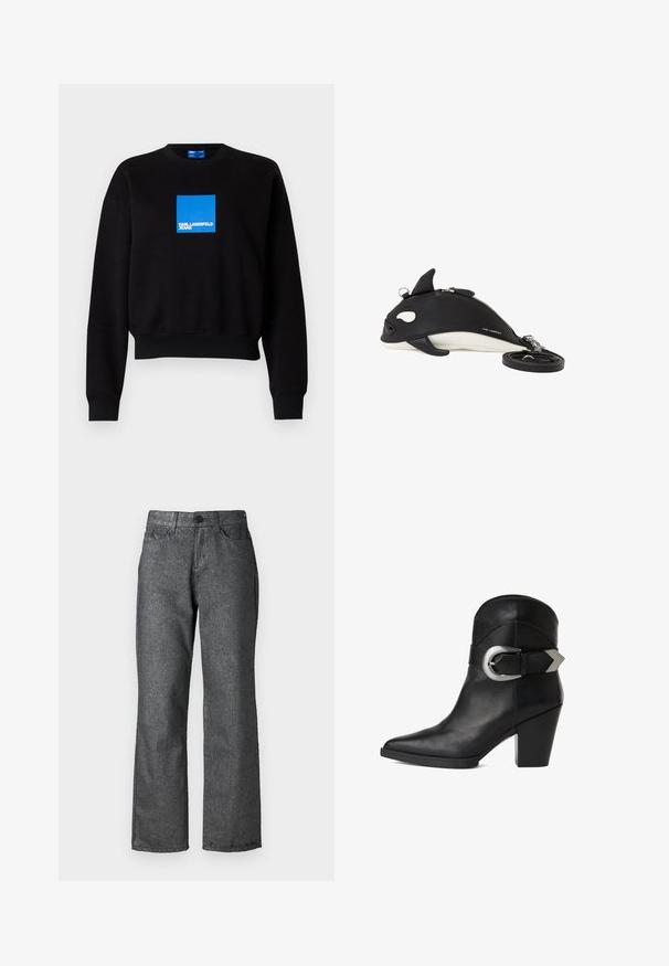 Mustat collegepaidat, joissa on lyhennetty malli ja sininen neliölogo, jossa lukee "KARL LAGERFELD JEANS." Valmistettu pehmeästä puuvillasekoitteesta.; Harmaat farkut, joissa on hieman hohtoa, suora lahjemuoto, viisi taskua, nappisuljenta ja näkyvät ompeluyksityiskohdat.; Mustat nahka nilkkurit, joissa on teräväkkinen kärki, paksu korko ja leveä hihna, jossa on pyöreä hopeinen solki sivulla. Sileä pinta.; Mustavalkoinen valasmuotoinen olkalaukku, jossa on vetoketjusuljin, pienet eväyksityiskohdat ja irrotettava hihna, joka on kääritty viereen.