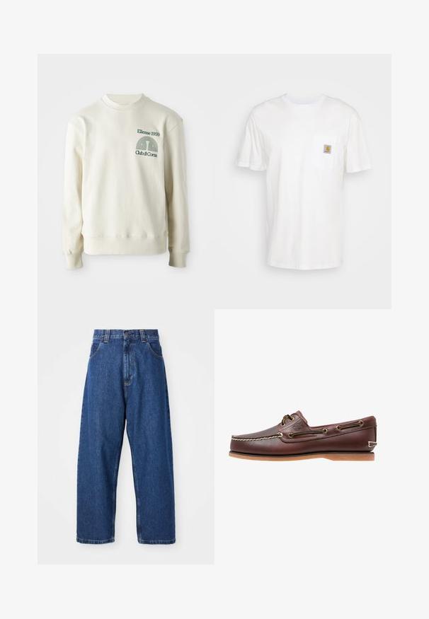 Crème-kleurige sweatshirt met geribbelde kraag en manchetten; voorzien van groene geborduurde logo "Ellesse 1959" met ontwerpelementen op de borst.; Witte katoenen t-shirt met korte mouwen, een borstzak en een klein vierkant logo-opdruk in oranje en wit op de zak.; Denim wijde broek in donkerblauw. Kenmerken zijn een hoge taille, riemlussen en een klassiek vijf-pocket ontwerp. Gestikte zoom met een schone afwerking.; Bruine leren bootschoen met witte stiksels, veterdetails en beige rubberen zool, zijaanzicht op een witte achtergrond.
