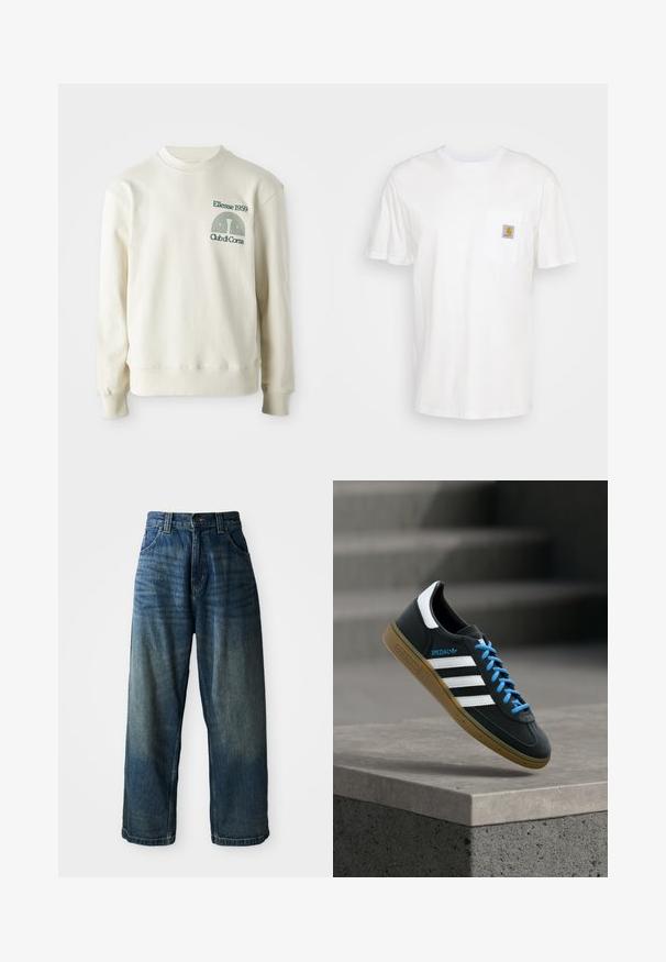 Cremefarvet sweatshirt med ribbet krave og manchetter; har en grøn broderet logo "Ellesse 1959" med designelementer på brystet.; Hvid bomulds T-shirt med korte ærmer, en brystlomme, og et lille firkantet logo patch i orange og hvid på lommen.; Bredde ben blå denimjeans med en falmet finish. Har fem lommer, knaplukning og kontrasterende syninger. Tyk stof.; Sort Adidas sneaker med hvide striber, blå snørebånd og gummisål, der svæver over gråt betontrin i blødt lys.