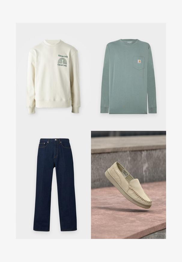 Crème-kleurige sweatshirt met geribbelde kraag en manchetten; voorzien van groene geborduurde logo "Ellesse 1959" met ontwerpelementen op de borst.; Lange mouwen shirt van lichtgroene katoen met een ronde hals, voorzien van een borstzak aan de linkerkant en een logopatch in oranje en wit.; Donkerblauwe denim spijkerbroek met rechte pijpen, voorste knoop- en ritssluiting, en vijf zakken, afgebeeld op een effen achtergrond.; Beige suède instap loafer met doorgestikt zijpaneel, mocassinnaaien en een rubberen zool, zwevend boven een stenen oppervlak.