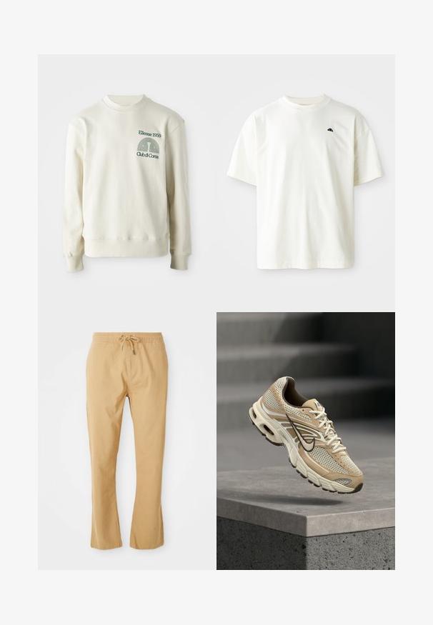Cremefarvet sweatshirt med ribbet krave og manchetter; har en grøn broderet logo "Ellesse 1959" med designelementer på brystet.; Kortærmet T-shirt med rund hals i lys cremefarve, lavet af bomuld. Har et lille marineblå logo på venstre bryst. Glat tekstur, afslappet pasform.; Beige, lette bukser med snor i taljen, lige snit og sidelommer. Glat tekstur med minimale syninger.; Beige og hvid Nike løbesko med mesh paneler og sort swoosh, der svæver over en betonkant med slørede trapper i baggrunden.