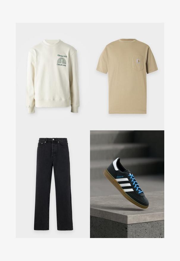 Cremfarbener Pullover mit geripptem Kragen und Bündchen; verfügt über ein grünes gesticktes Logo "Ellesse 1959" mit Designelementen auf der Brust.; Beige T-Shirt mit kurzen Ärmeln aus Baumwolle, mit einer Brusttasche links und einem Logo-Patch. Klassischer Rundhalsausschnitt mit regulärer Passform.; Schwarze Jeans mit geradem Bein und hohem Bund, fünf Taschen und Metallknopfverschluss. Der Stoff hat eine glatte Textur und einen leichten Glanz.; Schwarzer Adidas-Sneaker mit weißen Streifen, blauen Schnürsenkeln und Gummisohle, der über einer grauen Betontreppe im weichen Licht schwebt.